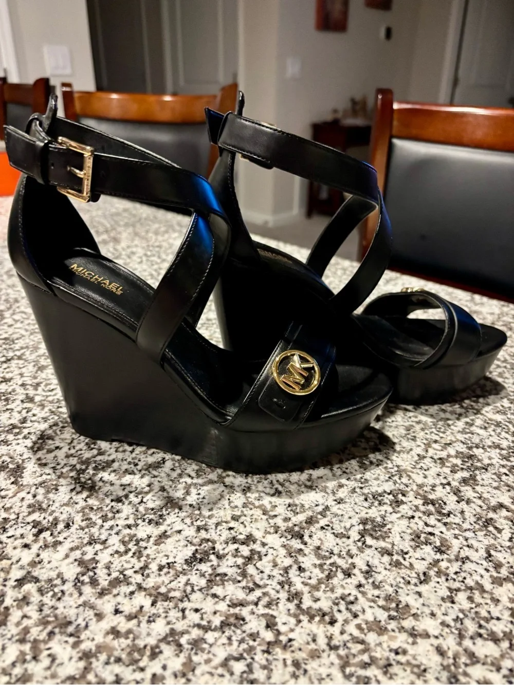 Michael Kors Black Leather Wedge Sandal with Gold MK Emblem